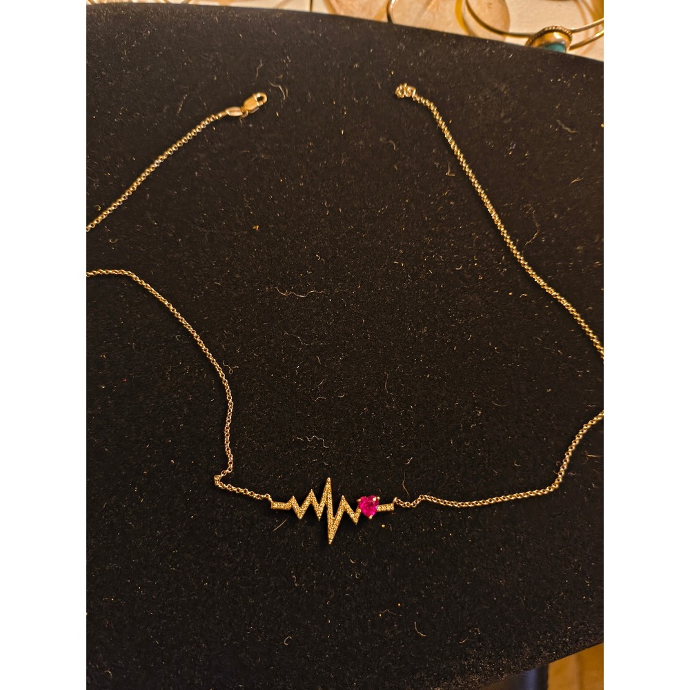 925 Sterling Silver ruby Heartbeat EKG Lifeline Pink Heart Necklace 18 Inch #2